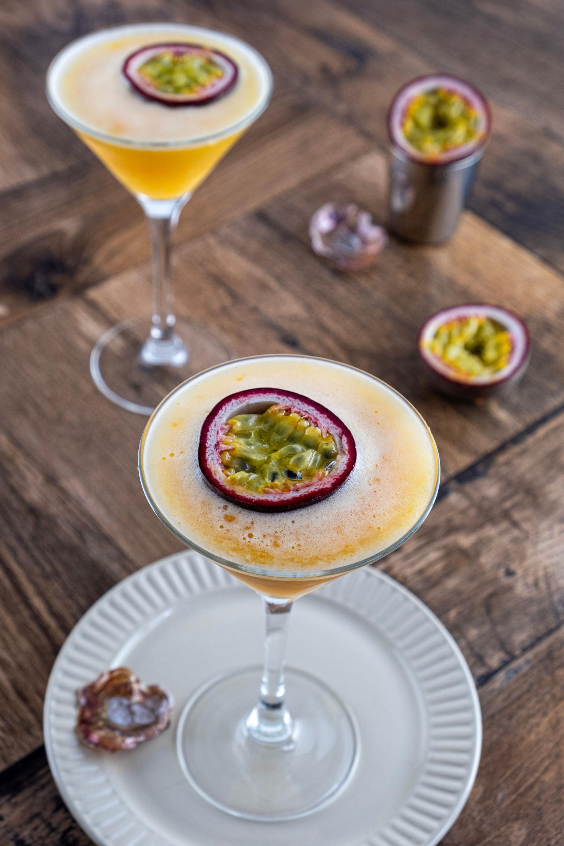 Pornstar Martini cocktail with passion fruit garnish